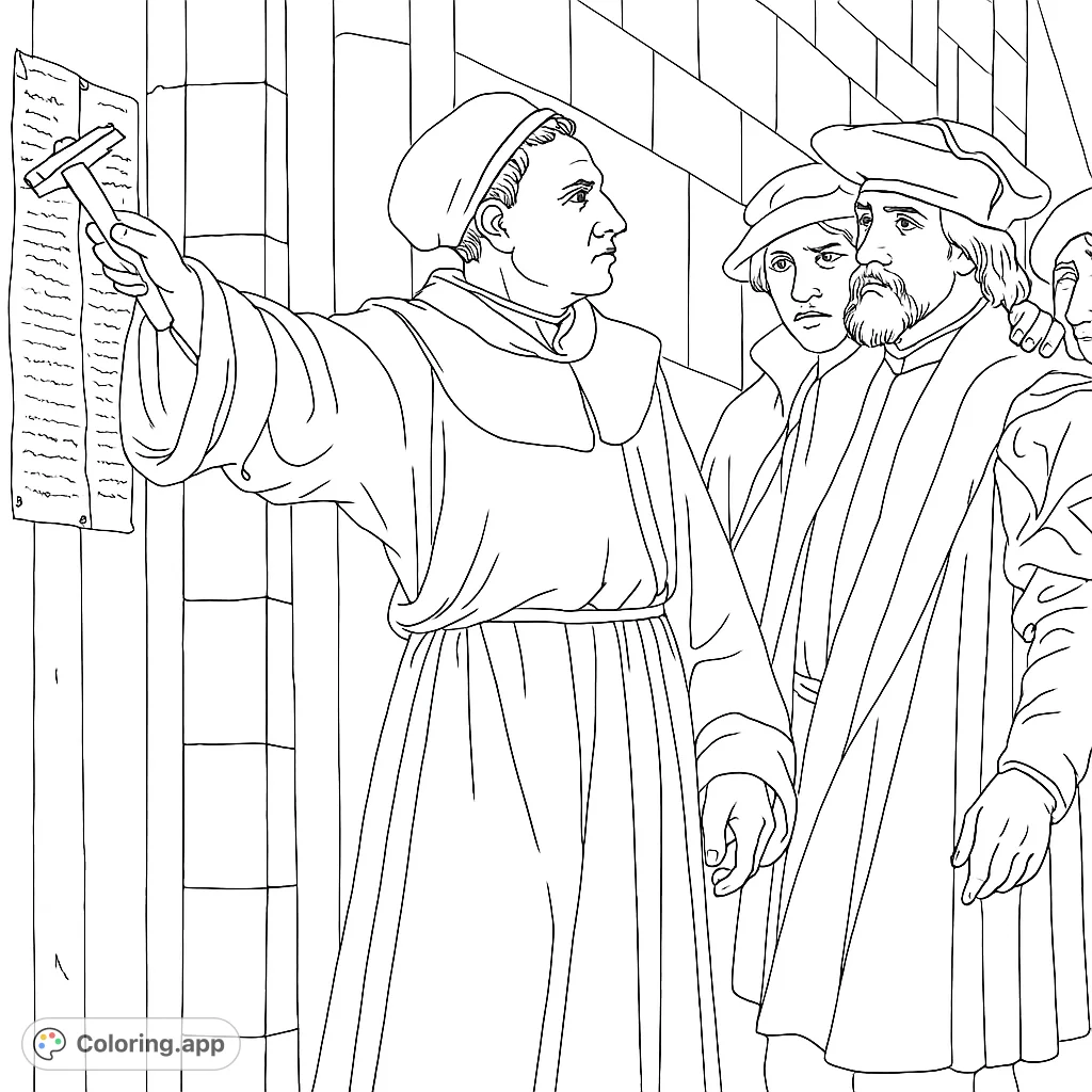 Capture a pivotal historical moment with a figure nailing documents to a wall, observed by others. A detailed historical coloring page for reflection and learning.