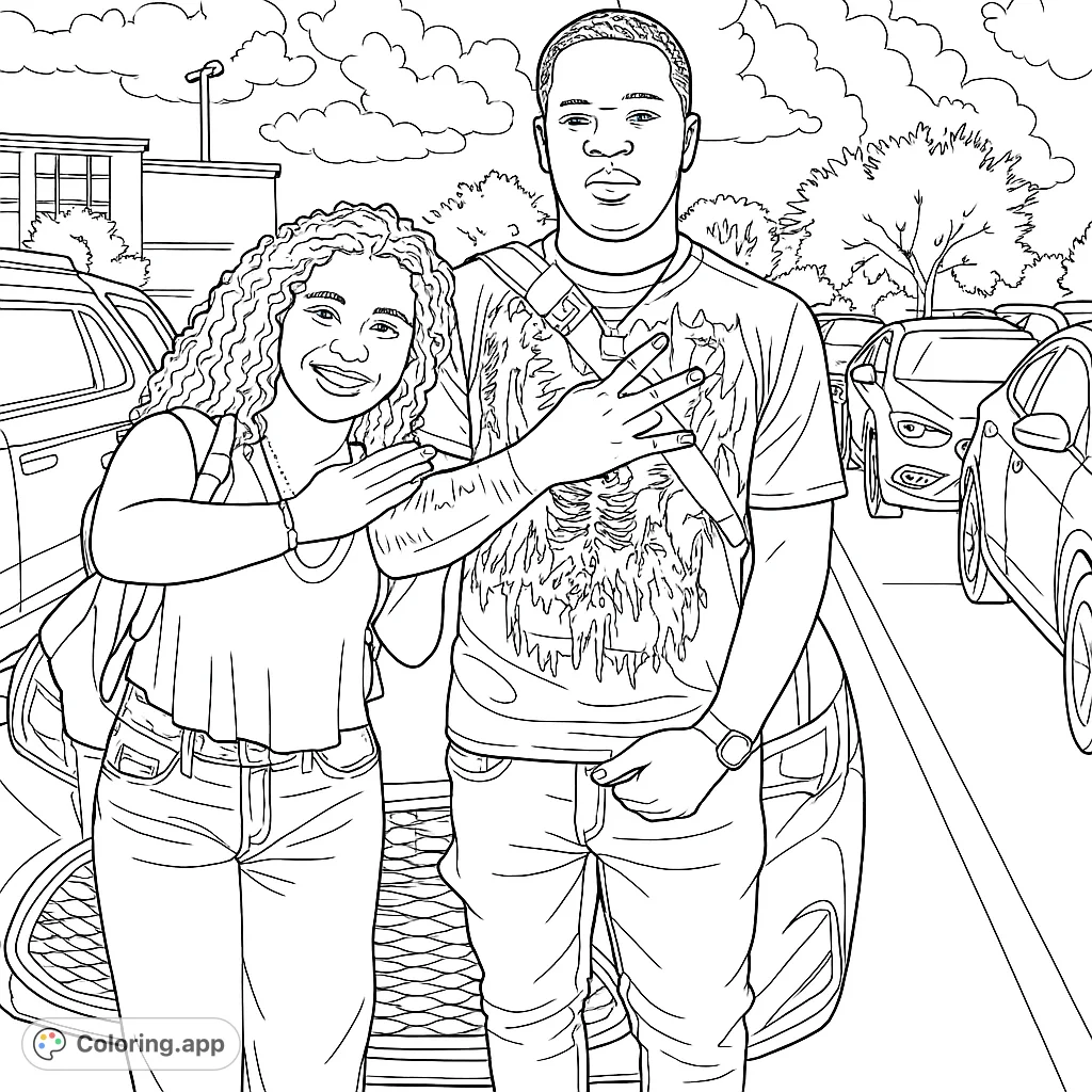 Capture a moment of modern friendship with this coloring page featuring two individuals by a car in a parking lot. Perfect for expressing contemporary style.