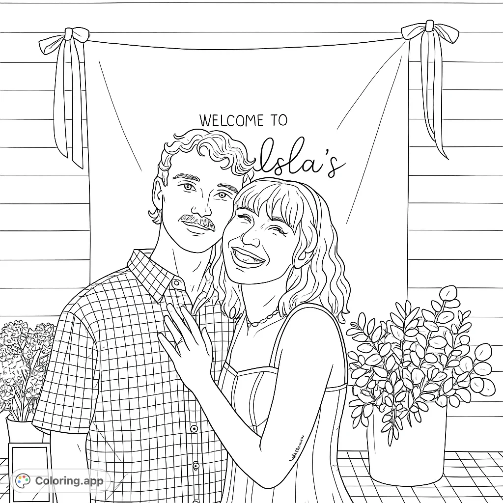 Capture a joyful moment with this embracing couple coloring page. Features a smiling pair, decorative banner, and floral accents for a heartwarming scene.