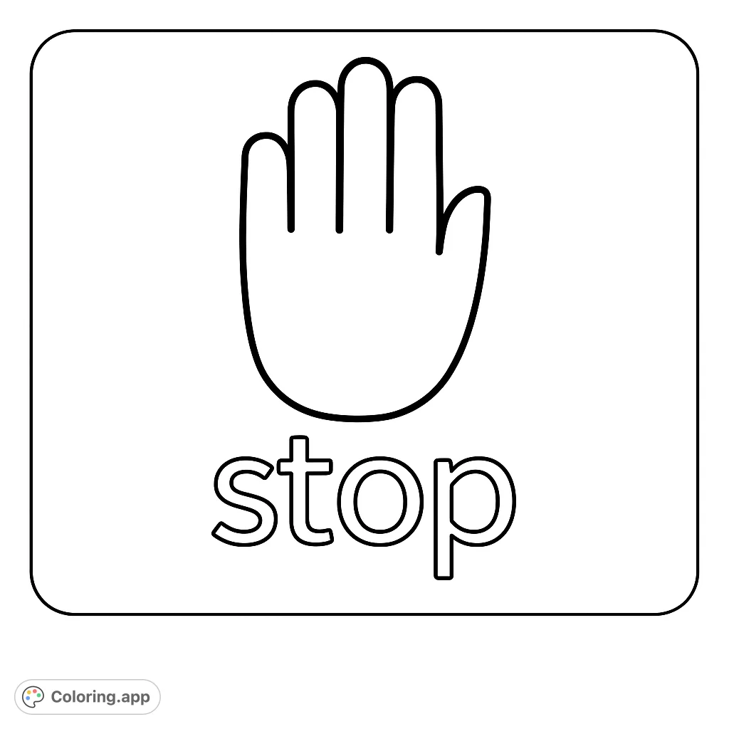 Color this simple stop sign featuring an open hand and the word 'stop'. Perfect for teaching safety and basic vocabulary to young learners.