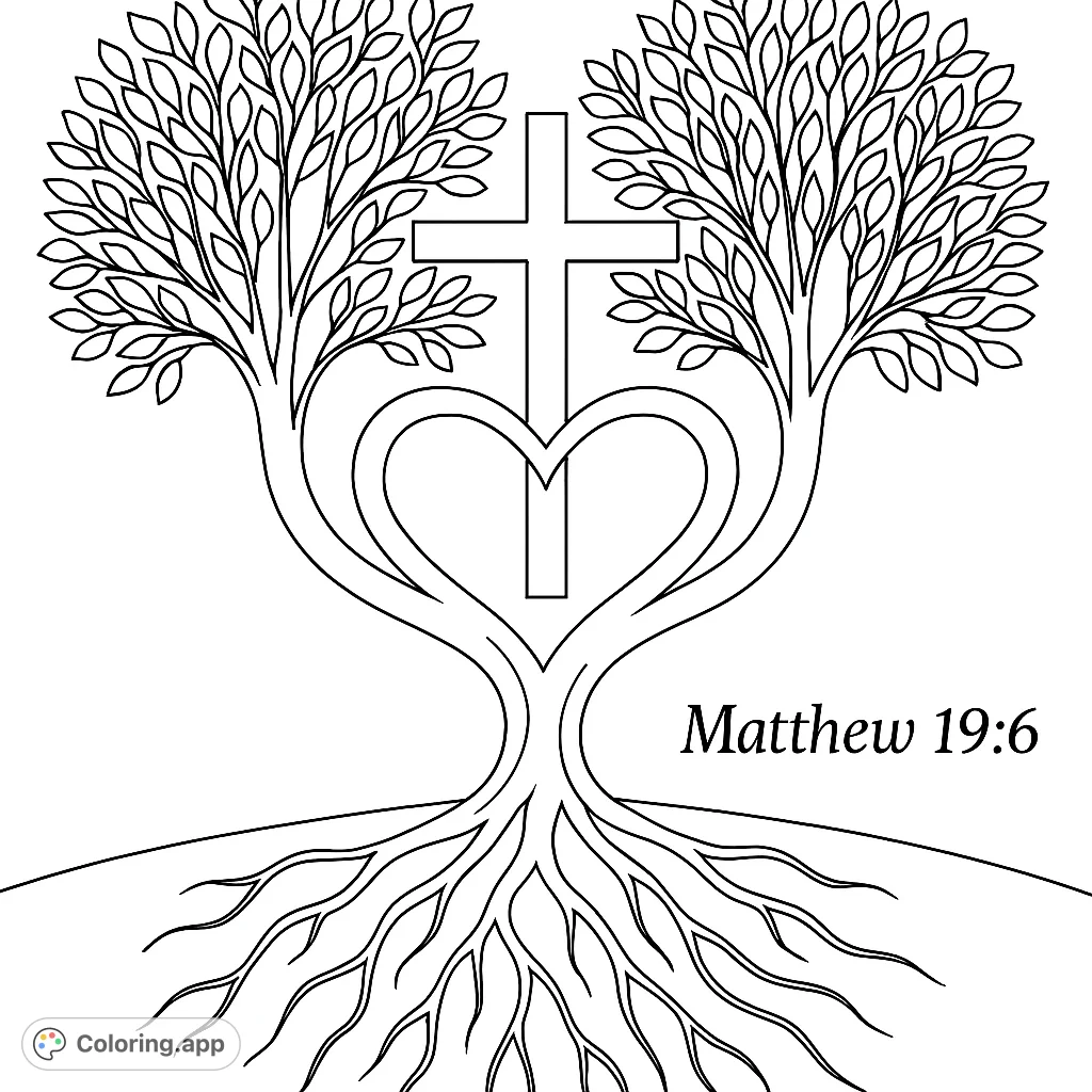 A symbolic tree with heart-shaped trunks and a cross, rooted in faith. Perfect for reflection and creative expression.