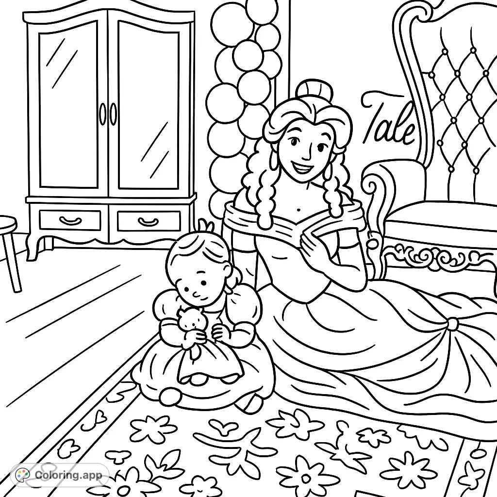 A charming princess and a sweet child share a special moment. This delightful princess coloring page is a free printable for kids, perfect for imaginative play.