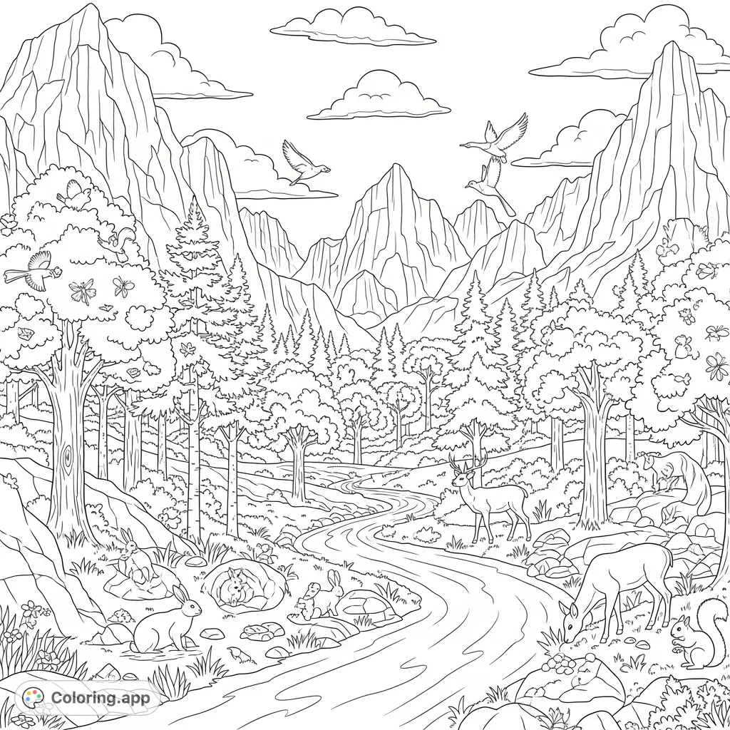 Explore a vibrant nature scene featuring majestic mountains, a winding river, lush forests, and diverse wildlife including deer, rabbits, squirrels, and birds.