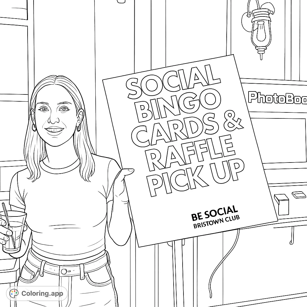 A smiling woman holds a large sign for a social bingo and raffle event in a lively club setting. Perfect for capturing a fun, interactive atmosphere.