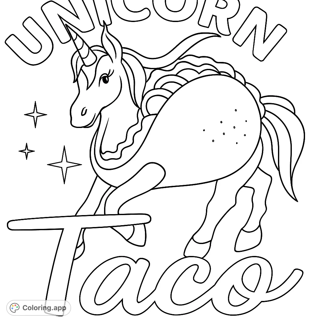 A playful unicorn transformed into a delicious taco, surrounded by fun text. A whimsical and unique coloring page for all ages.