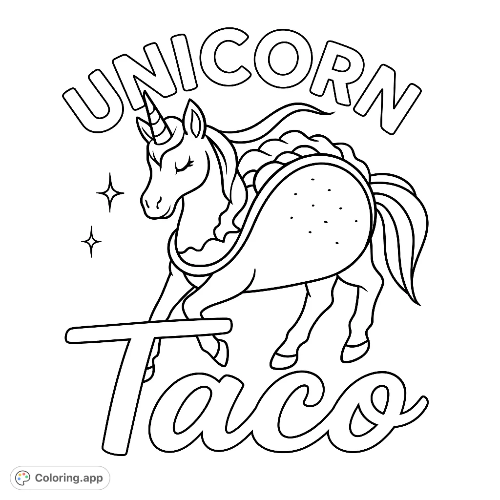 A fun unicorn taco coloring page featuring a whimsical creature with a taco shell body and playful text. Perfect for imaginative colorists!