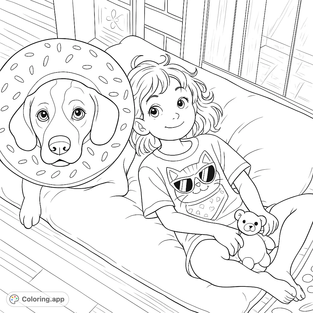 A heartwarming scene of a child and their dog, wearing a fun donut collar, relaxing together on a soft cushion. Perfect for a cozy coloring experience.