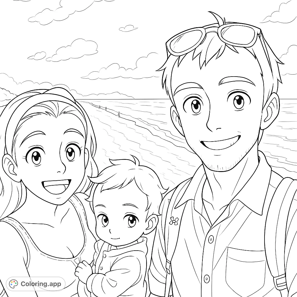 Capture a heartwarming family moment on the beach with this charming coloring page, featuring a smiling couple and their baby by the ocean.