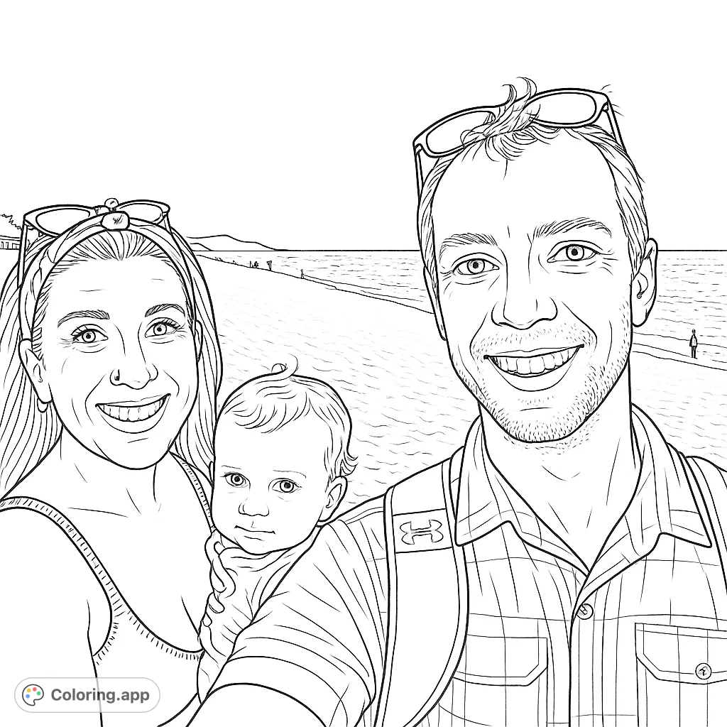 Capture a heartwarming family moment on a sandy beach with this delightful coloring page. Perfect for all ages to personalize a cherished memory.