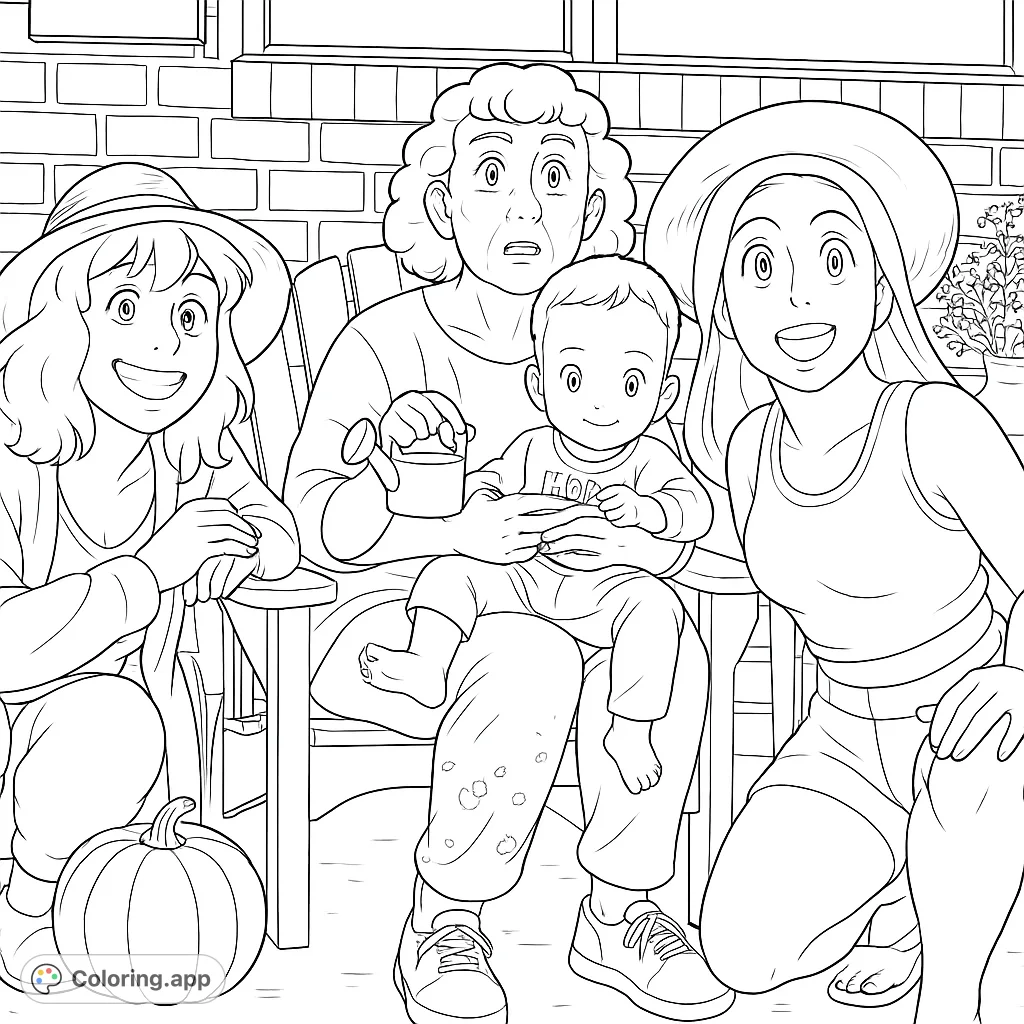 A heartwarming family scene on a patio, featuring three adults and a baby, surrounded by autumn decor. Perfect for a cozy coloring experience.