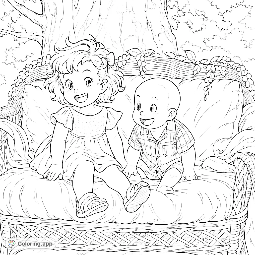 A heartwarming scene of two happy children sitting on a cozy wicker bench under a grand tree, surrounded by nature. Perfect for a peaceful coloring experience.