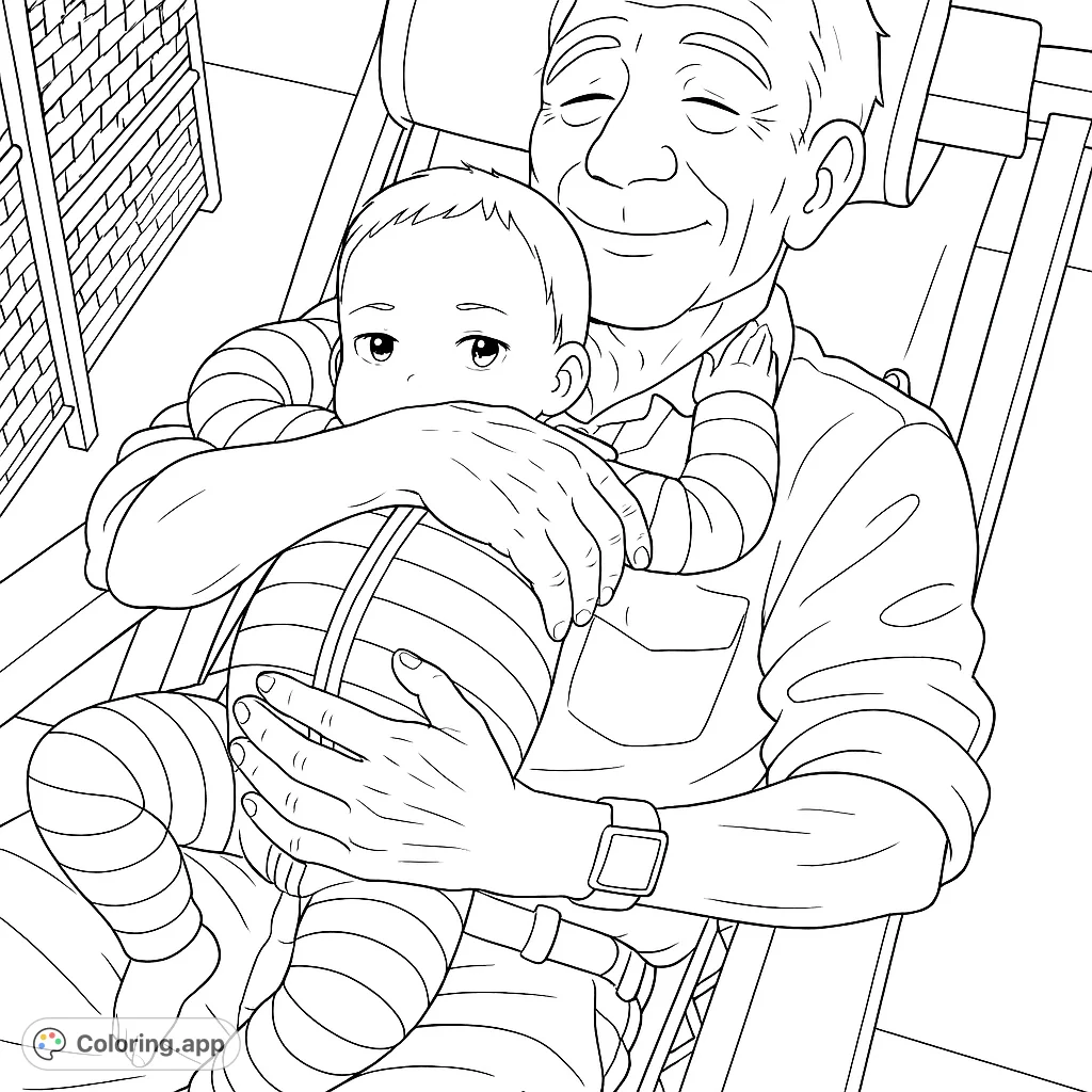 A heartwarming coloring page depicting a grandfather gently holding a baby, capturing a tender moment of family connection and love.