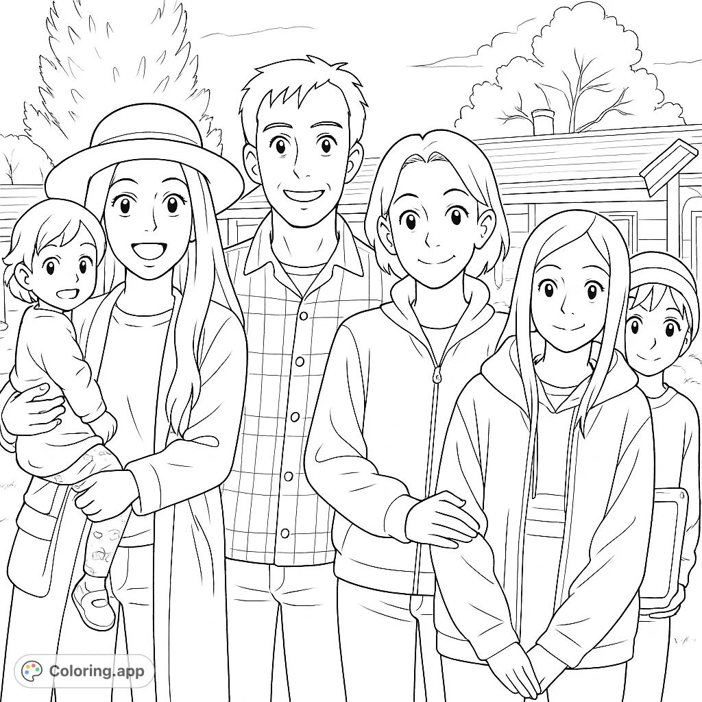 Capture a heartwarming family moment with this detailed family portrait coloring page. Perfect for all ages to personalize and enjoy.