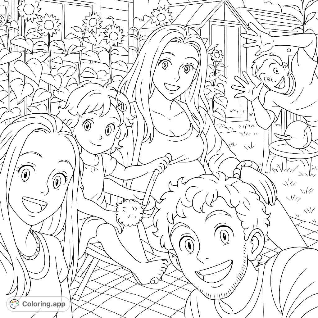 Capture a heartwarming family moment in a vibrant garden. This free printable family coloring page features smiling faces, sunflowers, and a cozy outdoor scene.