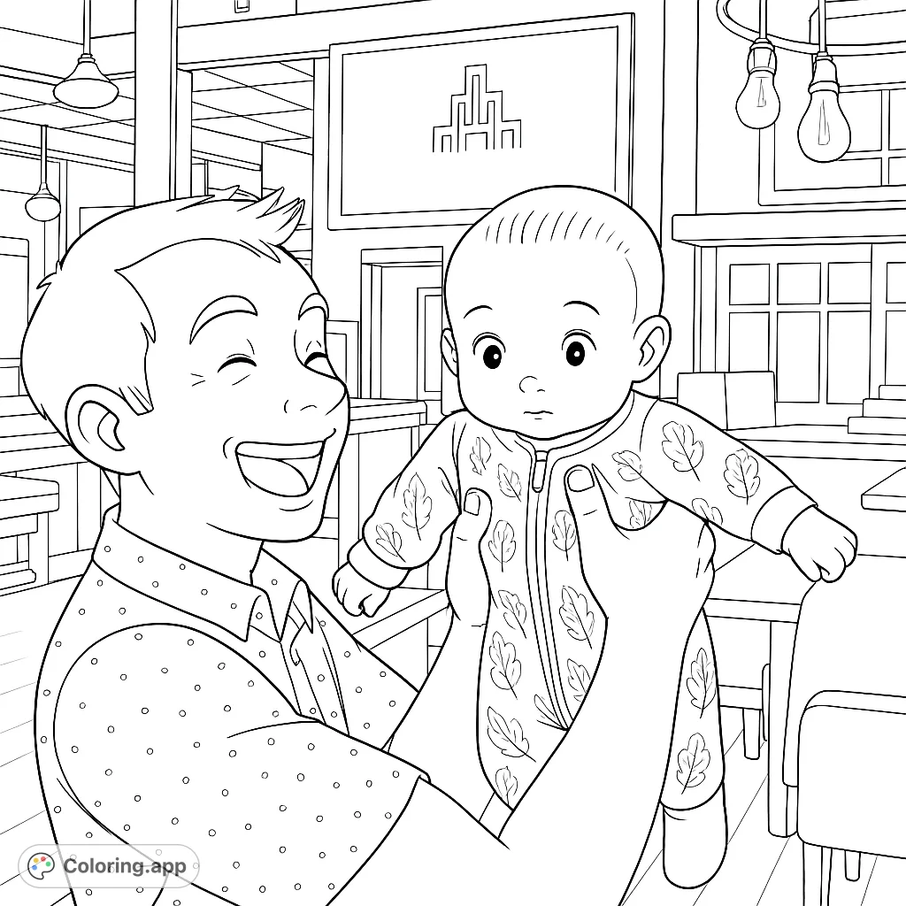 Capture a heartwarming moment of a joyful father holding his baby. This family bonding coloring page features delightful patterns and a cozy indoor setting.