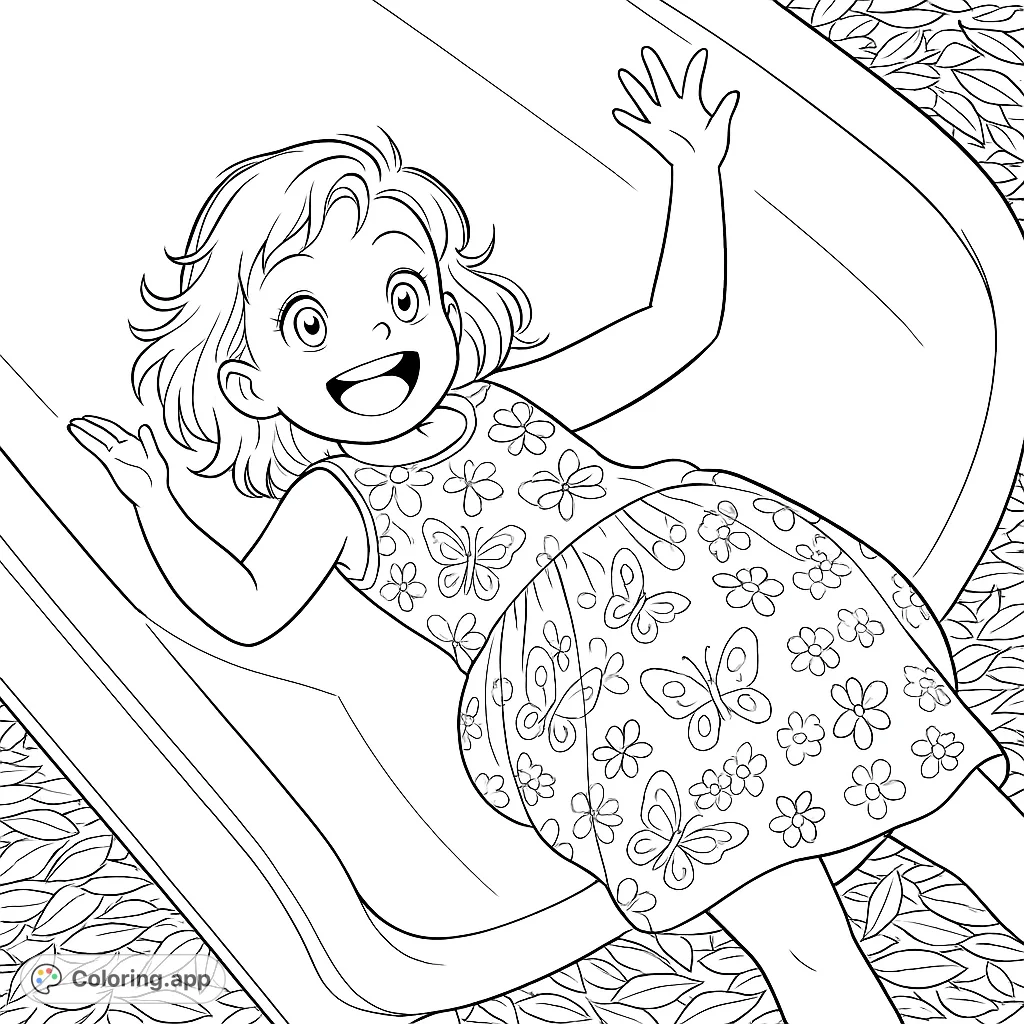 A cheerful girl on a playground slide, smiling with arms raised. Her dress features a delightful pattern of butterflies and flowers, inviting creative coloring.