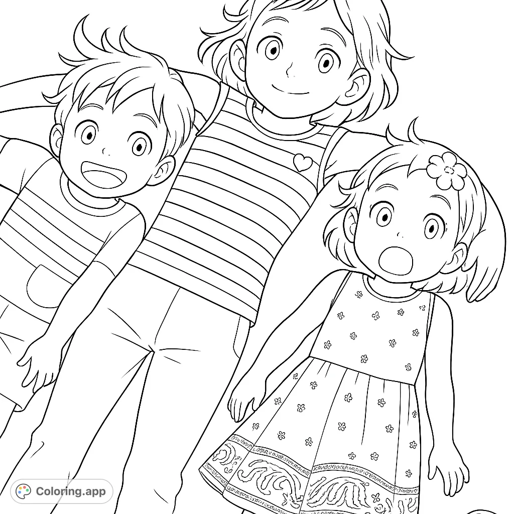 A heartwarming coloring page featuring three joyful children lying together, smiling and looking up. Perfect for family-themed coloring fun.