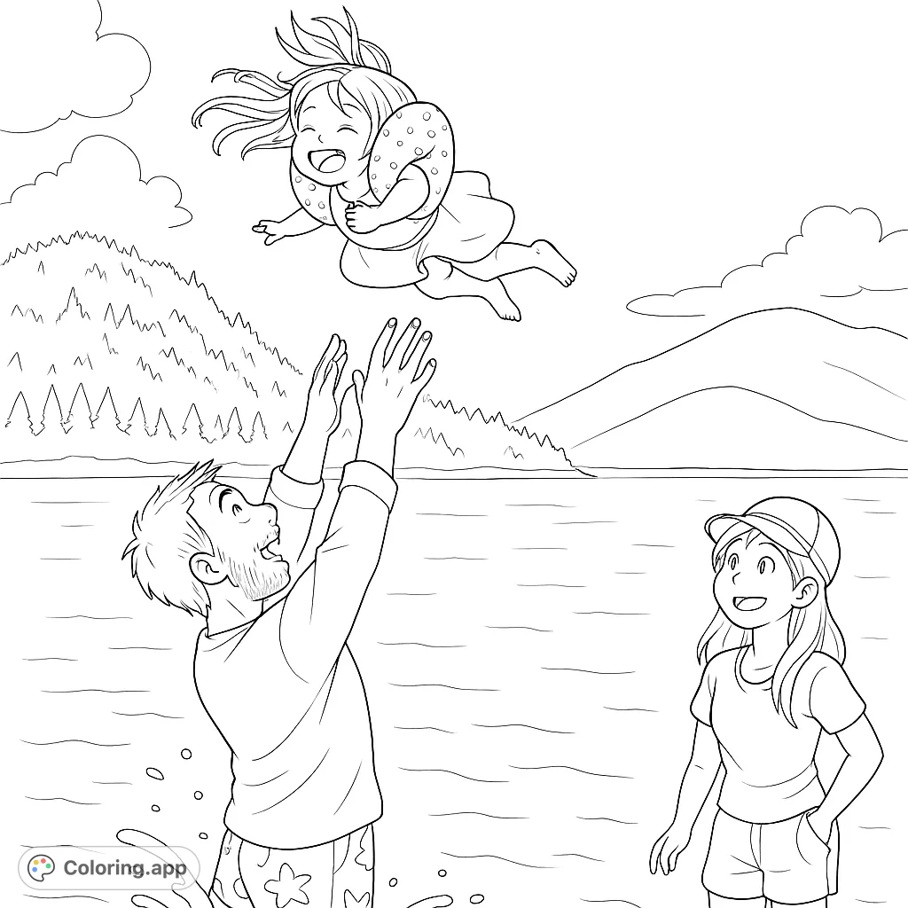 Capture a moment of pure joy as a child is playfully tossed in the water by a parent, with another watching. A heartwarming family scene.
