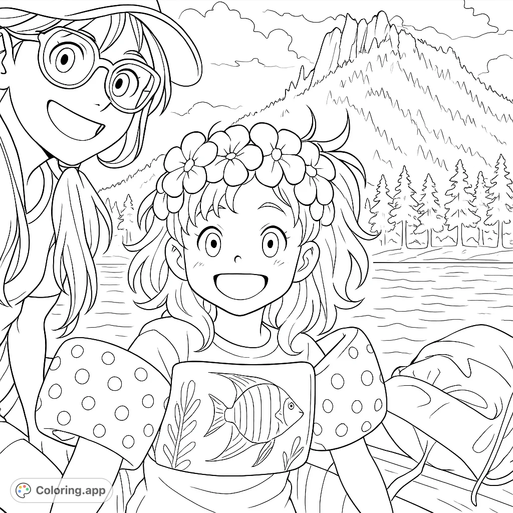 Capture the joy of a lakeside mountain adventure! Two smiling characters, one wearing a flower crown and a fish-patterned float, enjoy a scenic outdoor day.
