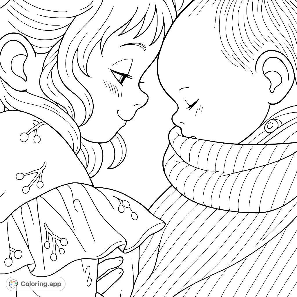 A heartwarming scene of a young girl gently embracing a sleeping baby, capturing a moment of pure sibling love and peaceful connection.