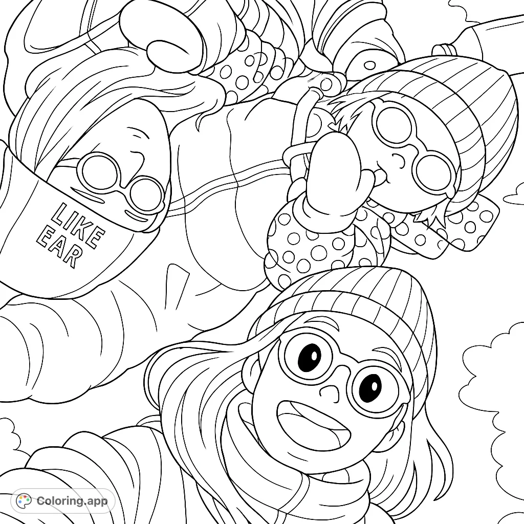A cheerful winter scene featuring three friends in warm gear, lying down and smiling. Perfect for a cozy coloring session and creative expression.