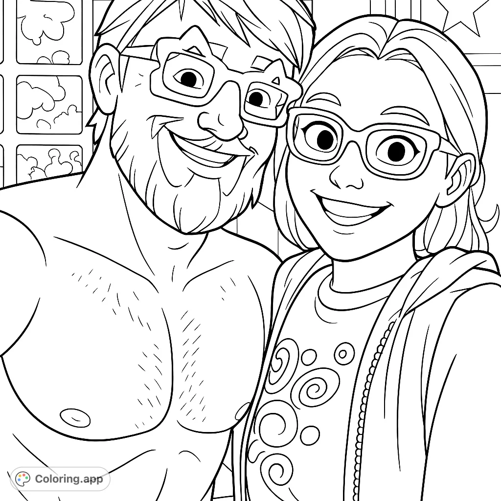 A cheerful duo in quirky glasses, captured in a close-up, ready for you to bring their smiles to life with your favorite colors. Perfect for a fun coloring session!
