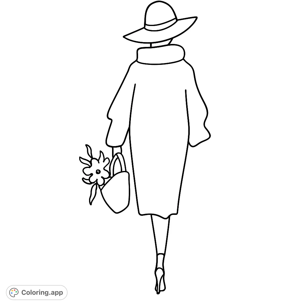 An elegant figure in a wide-brimmed hat and long coat, carrying a basket of flowers. A stylish and serene fashion coloring page.