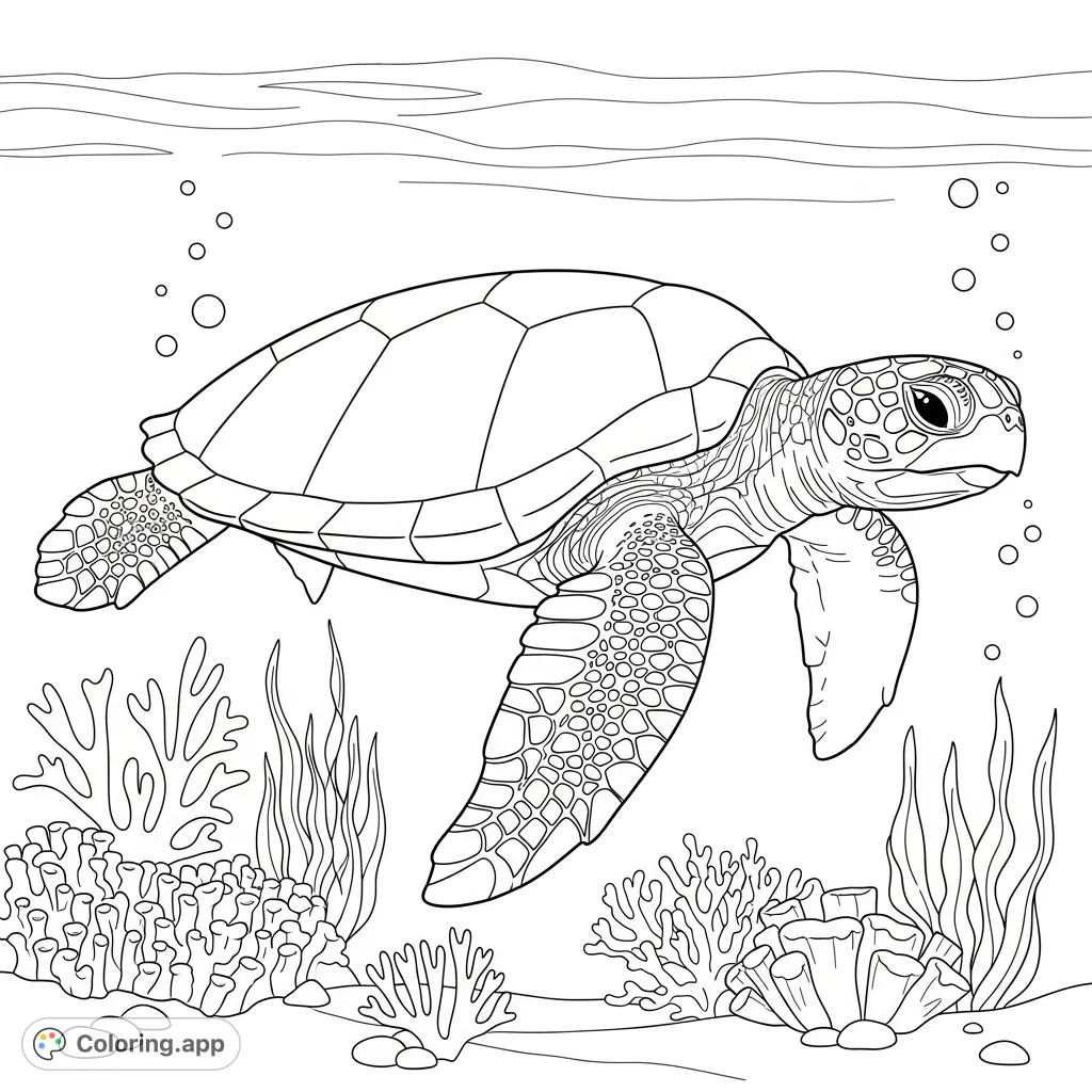 Dive into an enchanting underwater world with this sea turtle coloring page. Features a majestic turtle with intricate shell patterns amidst coral and bubbles.