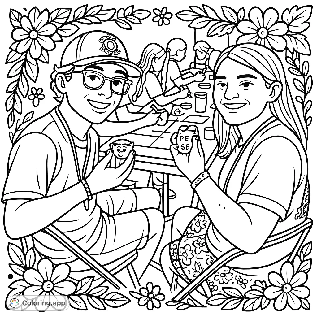Capture the joy of crafting with friends in this delightful coloring page. Two smiling individuals showcase their handmade creations at a lively workshop table, surrounded by decorative elements.