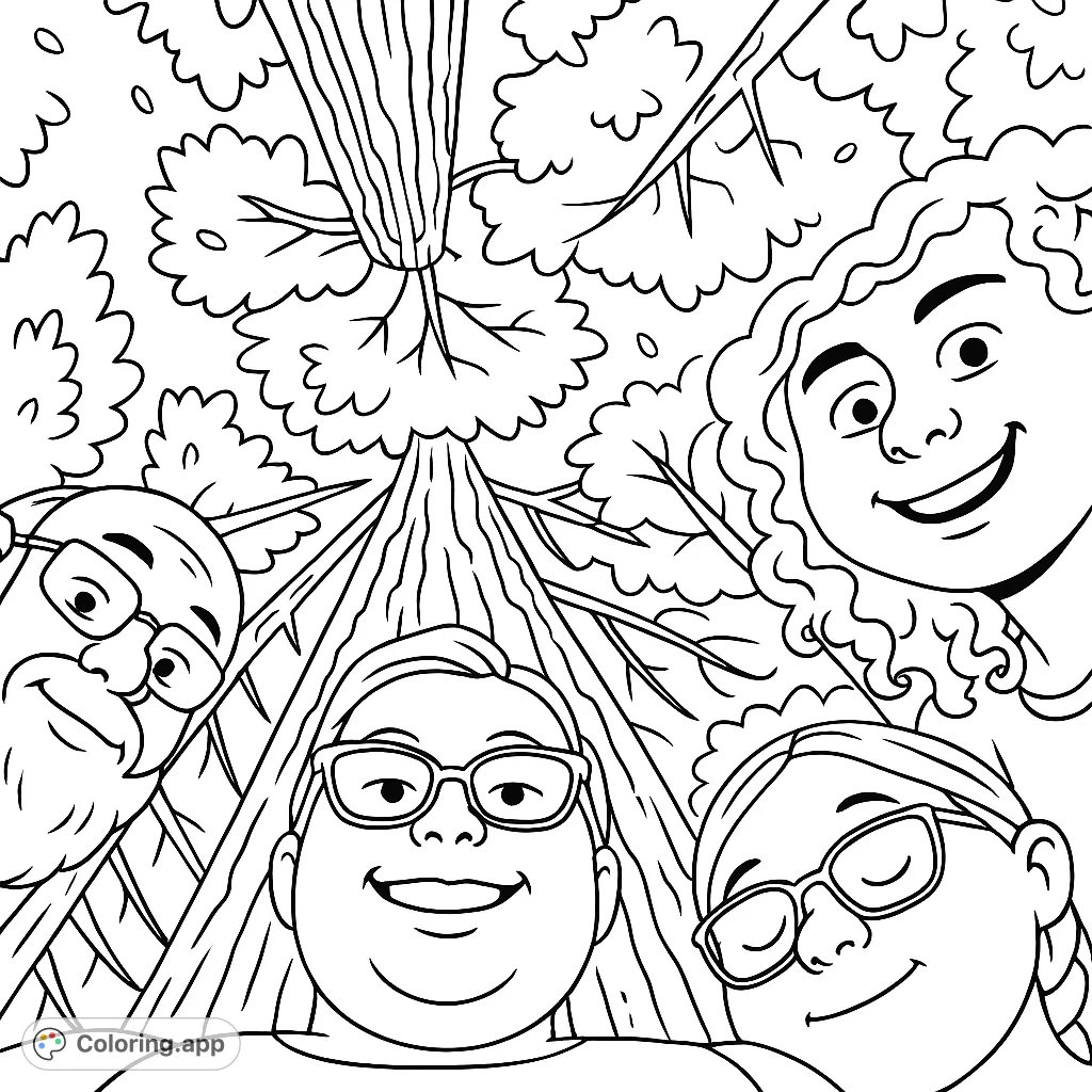 A heartwarming cartoony coloring page featuring four smiling faces looking down from above, framed by towering forest trees and a bright sky.