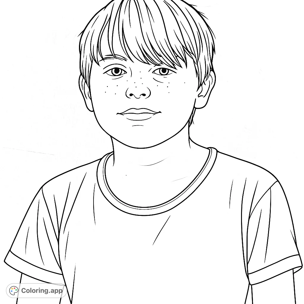 Capture the essence of youth with this engaging portrait coloring page. Features a young person with shaggy hair and a gentle expression against a simple background.