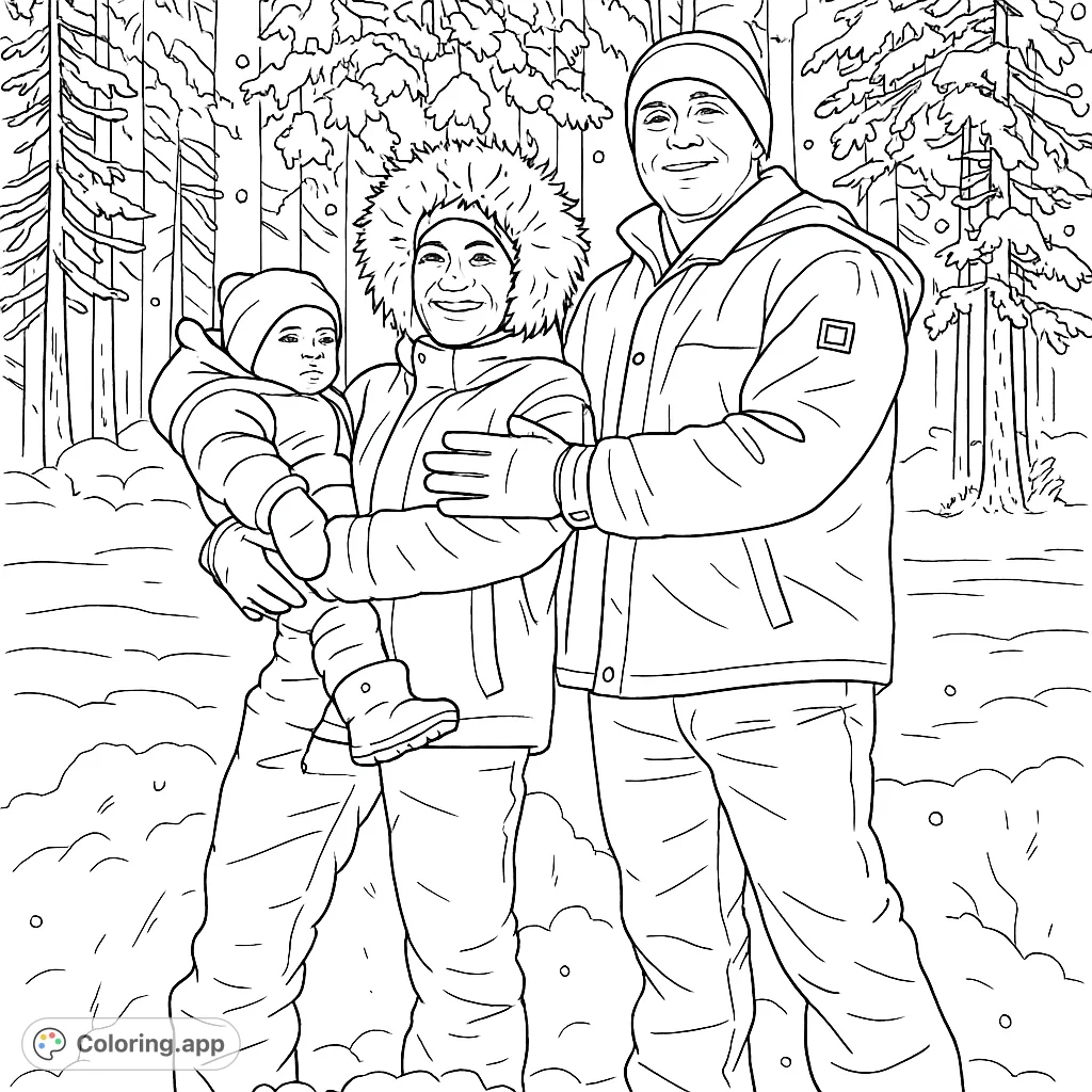 A heartwarming family portrait in a snowy forest, perfect for a cozy winter coloring page. Capture the joy of a winter adventure.