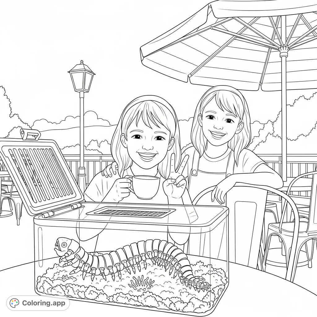 A charming vintage-style coloring page featuring two smiling girls on a patio with a fascinating segmented creature in a container. Simple and fun!