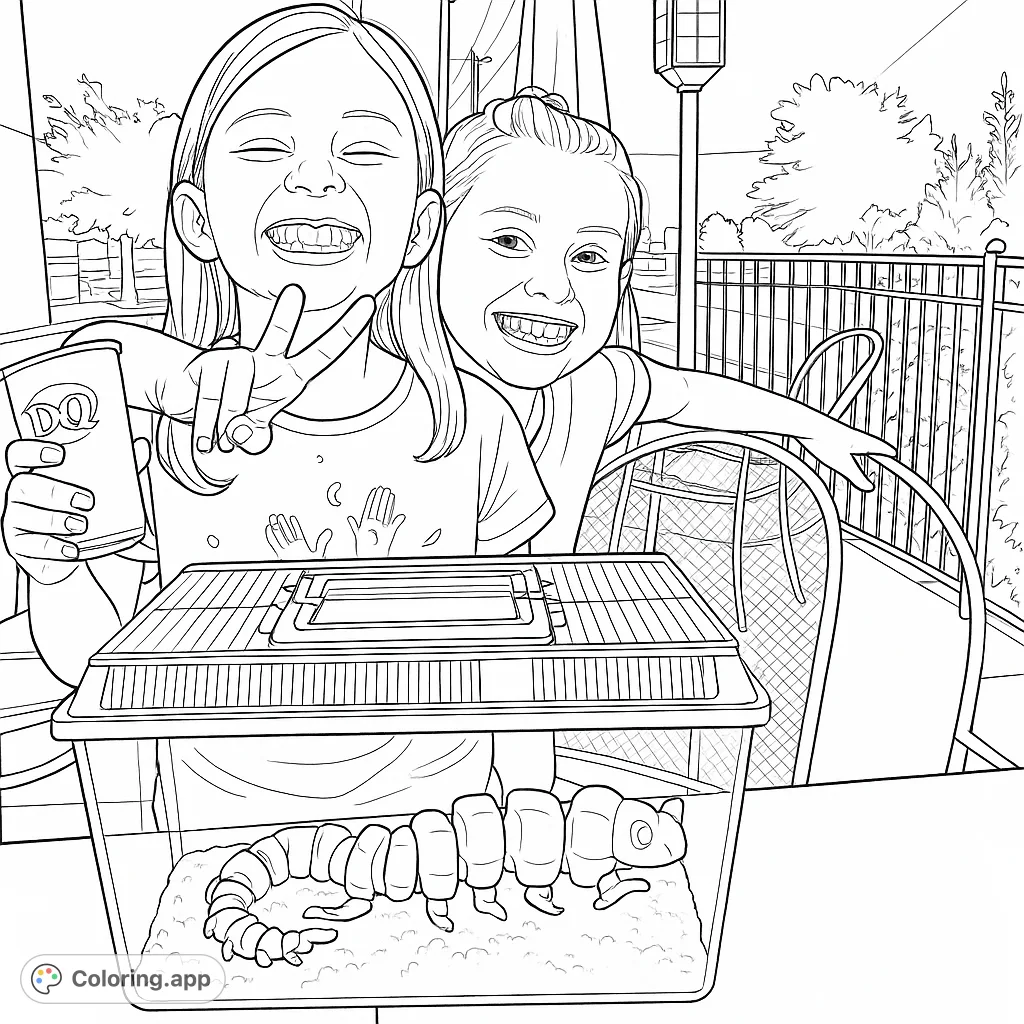 Two joyful girls proudly display their fascinating segmented creature in a clear habitat. A fun, engaging coloring page for young explorers.