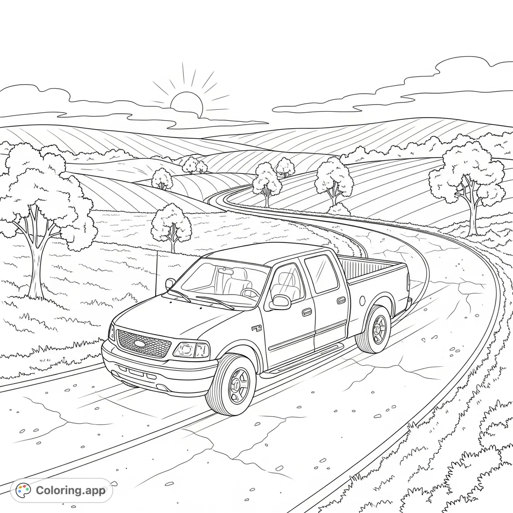 A classic Ford F-150 2001 pickup truck drives along a winding country road under a bright sun, with rolling hills and trees in the background.