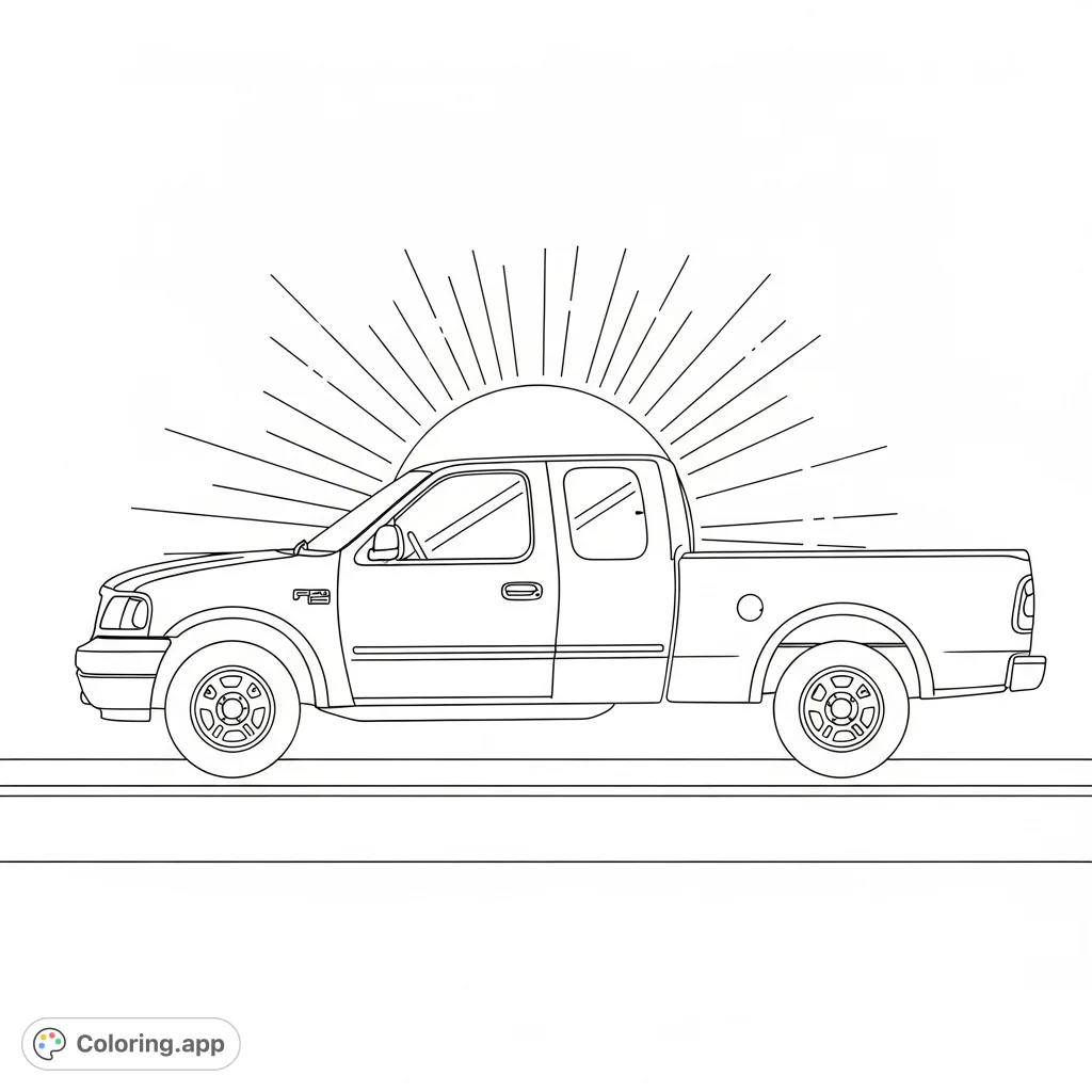 Color a classic 2001 Ford F-150 pickup truck from a side view, driving on a road under a bright sun. Perfect for vehicle enthusiasts!