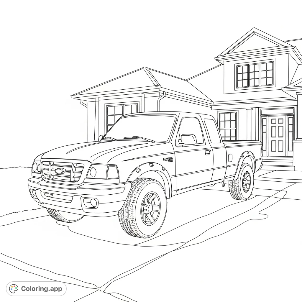 A detailed Ford Ranger F-150 4x4 pickup truck parked on a driveway near a house on a sunny day. Perfect for vehicle enthusiasts.
