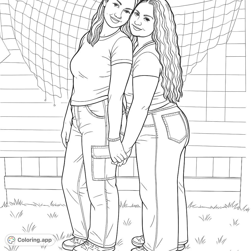 Capture a moment of friendship with two young women holding hands, standing on grass against a fence and net. A heartwarming scene for creative expression.