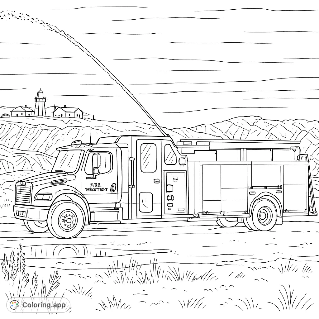 A powerful fire engine sprays water in a dramatic coastal scene with a lighthouse. Perfect for emergency vehicle enthusiasts and aspiring heroes!