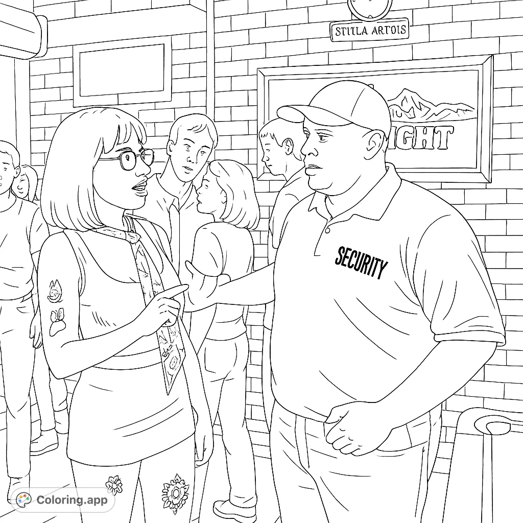 Color a lively bar scene featuring two people in conversation, surrounded by a brick wall, framed art, and subtle background details.