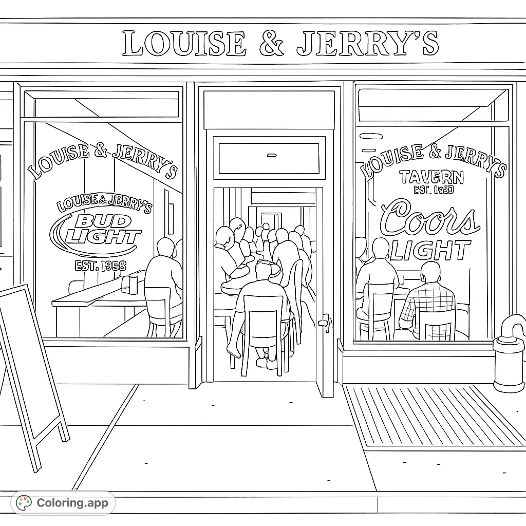 Color a classic tavern storefront, featuring prominent signage, inviting windows, and a glimpse of the interior. A nostalgic urban scene for adults.