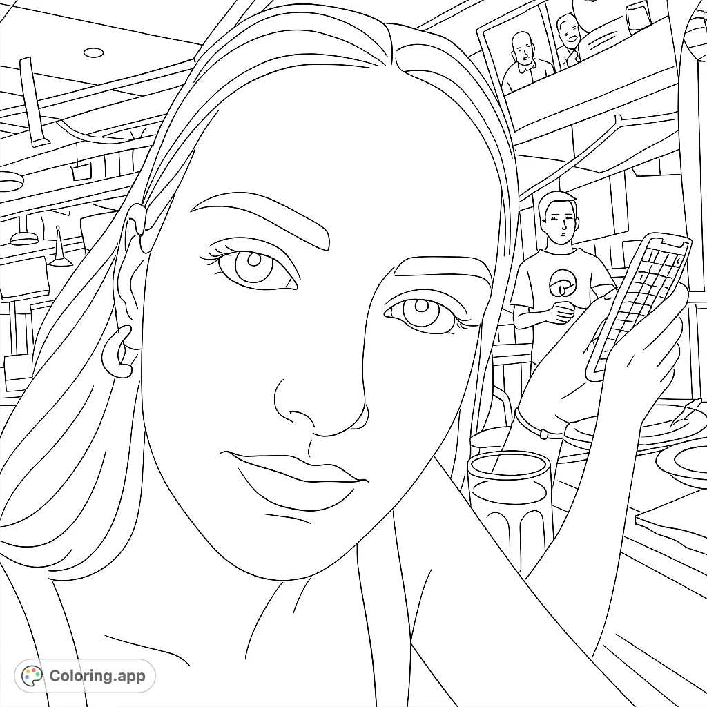 A realistic close-up portrait in a lively indoor venue, featuring a person's face, background screens, and other patrons. Perfect for detailed coloring.