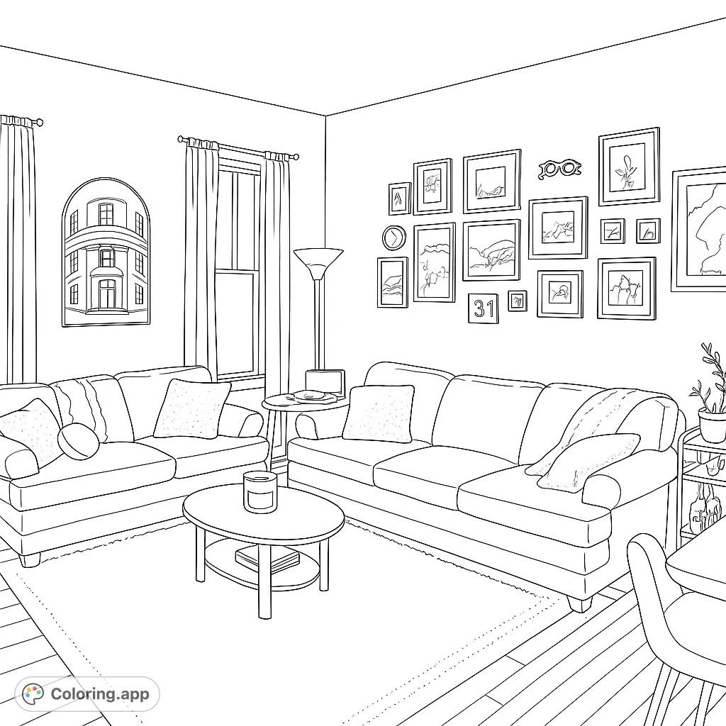 A simple living room coloring page featuring two sofas, a coffee table, and a few wall decorations. Perfect for quick, relaxing coloring.