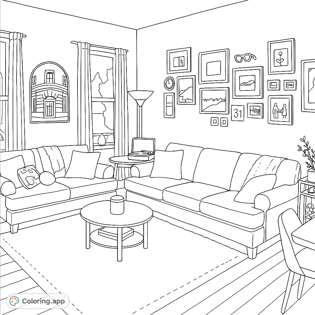 Explore a charming living room with comfortable sofas, a gallery wall, and inviting details. A perfect free printable coloring page for relaxation.