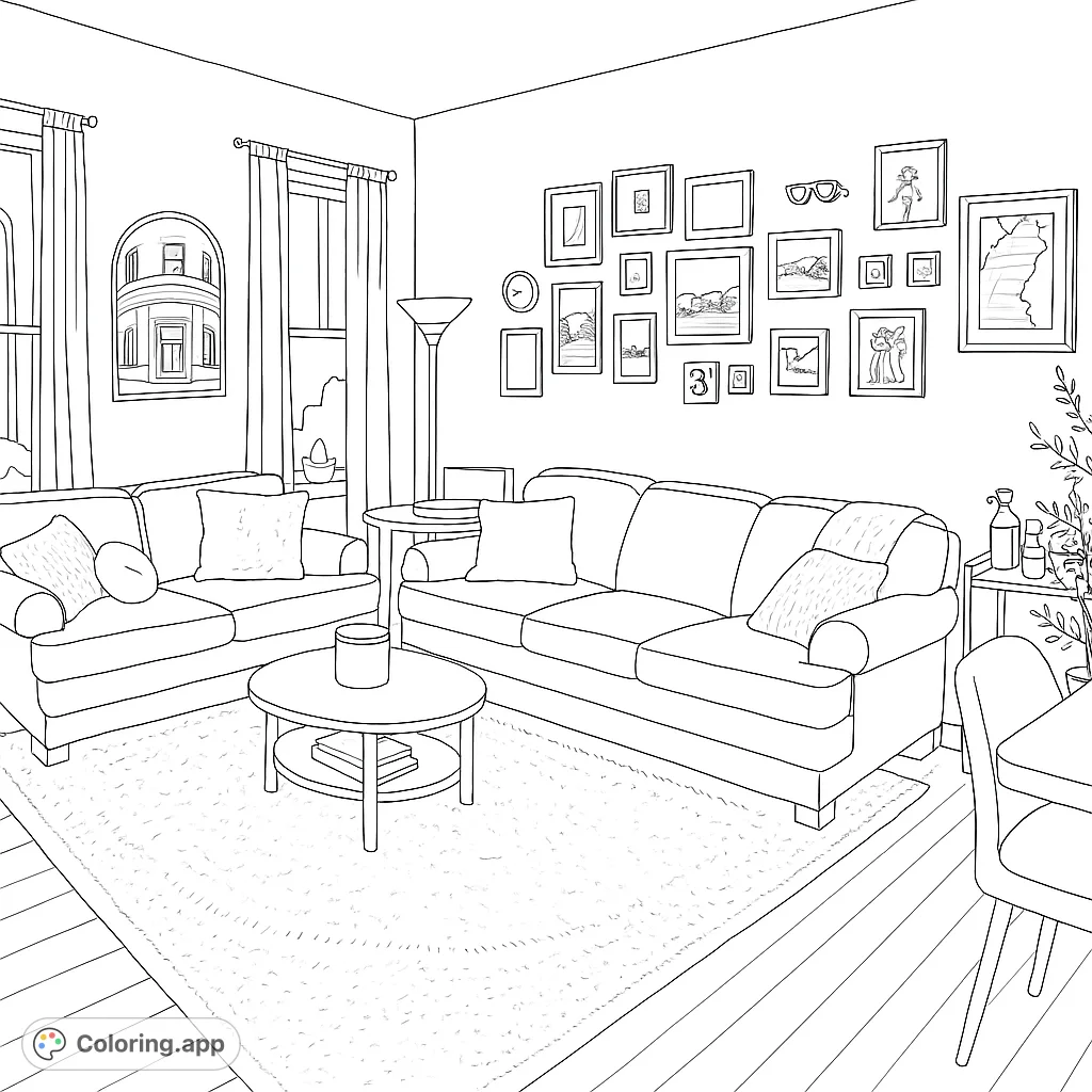 A simple living room coloring page featuring two sofas, a coffee table, and a few wall decorations. Perfect for quick, relaxing coloring.