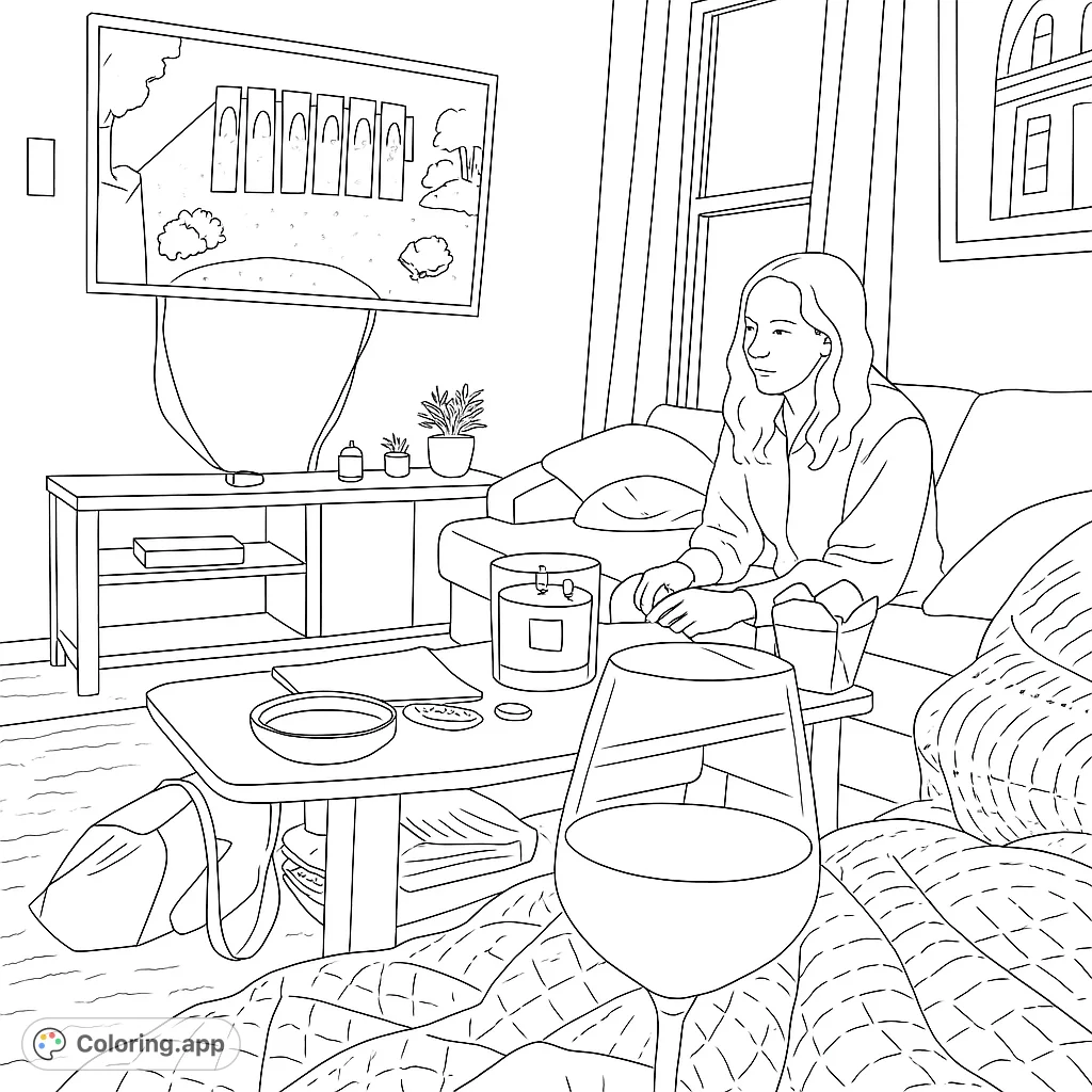 A cozy living room scene featuring a person relaxing on a sofa, watching TV, and enjoying a drink. Perfect for a relaxing coloring experience.