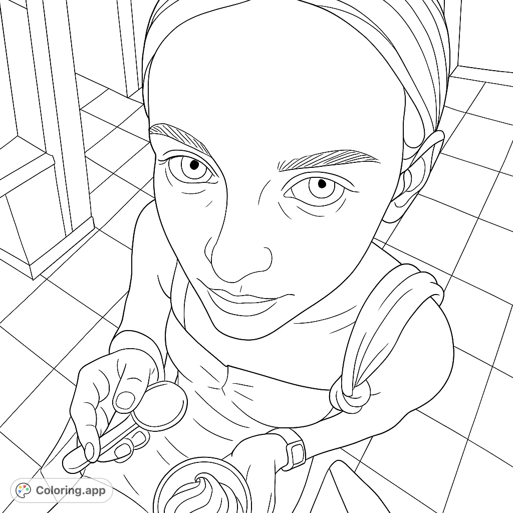 A unique high-angle portrait of a person enjoying a sweet dessert, holding a cup and spoon. Perfect for a relaxing coloring experience.
