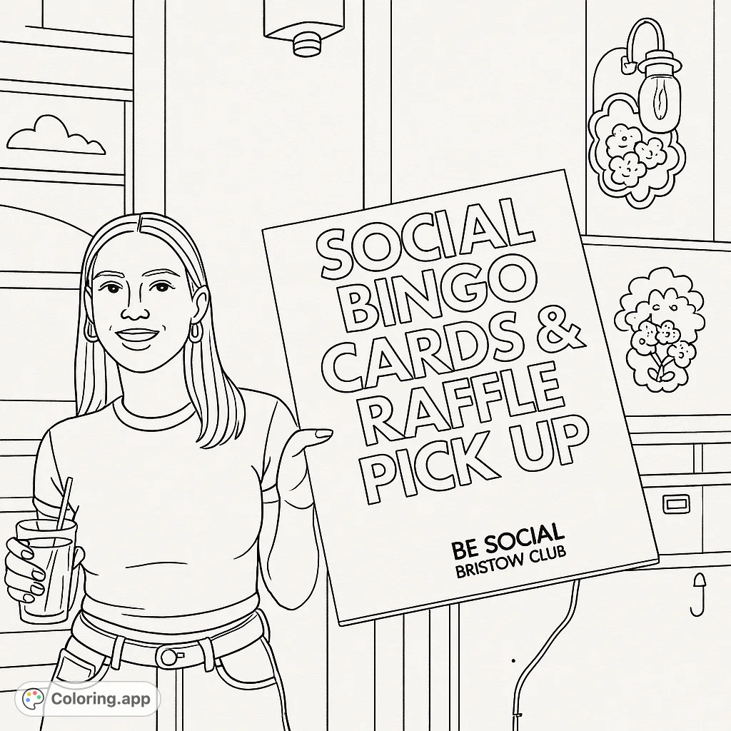 A smiling hostess holds a vintage-style sign for a social bingo and raffle event, set in a lively venue. This free printable coloring page offers a simple, retro experience.