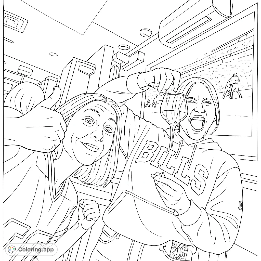 Capture the lively spirit of friends enjoying a night out with this dynamic coloring page. Perfect for fans of sports and social gatherings.