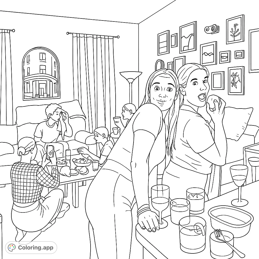 A lively scene of friends gathered in a cozy living room, enjoying drinks and snacks. Perfect for a relaxing coloring session.